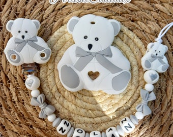 Duo personalisierter Schnulleraufsatz Teddybär und passender Silikon-Teddybär** (Mam) Babygeschenk