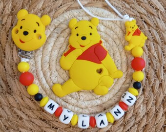 Accesorio de chupete personalizado de Winnie the Pooh y nombre de regalo de nacimiento del bebé de silicona a juego de Winnie** (Mam posible)