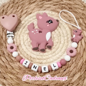 Personalized powder pink pacifier clip Fawn and Heart and matching fawn ring (Mam possible) baby birth gift