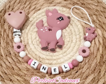 Personalized powder pink pacifier clip Fawn and Heart and matching fawn ring (Mam possible) baby birth gift