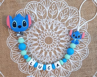 Personalized blue pacifier clip, baby birth gift. Mam.