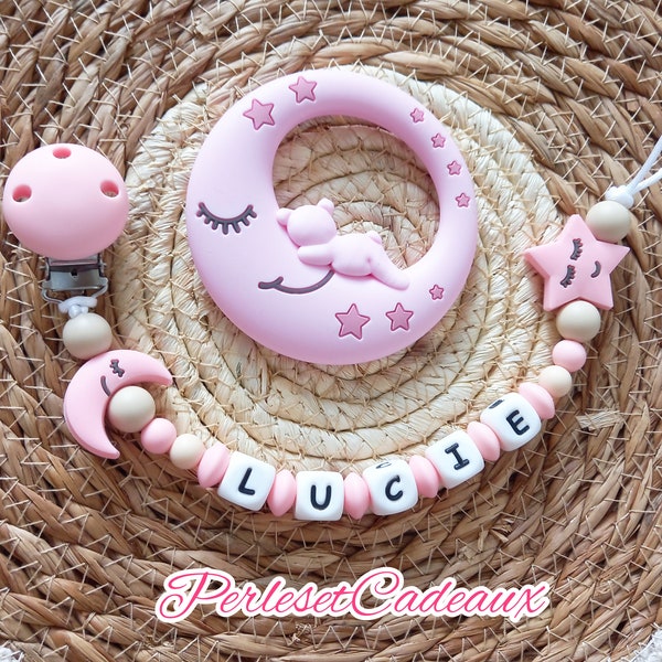 Personalisierter Schnullerclip Mond und Stern + passender Ring als Geschenk zur Geburt eines Babys