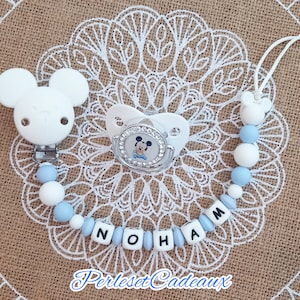 Personalized Mickey Blue Pacifier Clip and Matching Pacifier Baby Birth Gift Name