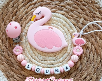 Personalized Pink Swan pacifier clip + matching silicone Swan ** baby birth gift