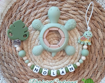 Personalized Turtle** Pacifier Clip in silicone and matching silicone and wood Turtle (Mam possible) baby birth gift first name