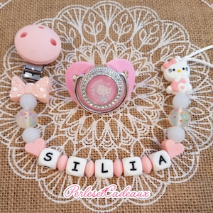 Personalized HK Cat Pacifier Clip and Matching Pacifier Baby Birth Gift Name