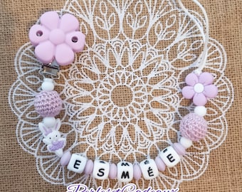 Pacifier Clip Purple Lilac Flower Silicone Wood Crochet Personalized Birth Gift Baby Girl Flower Rabbit MAM