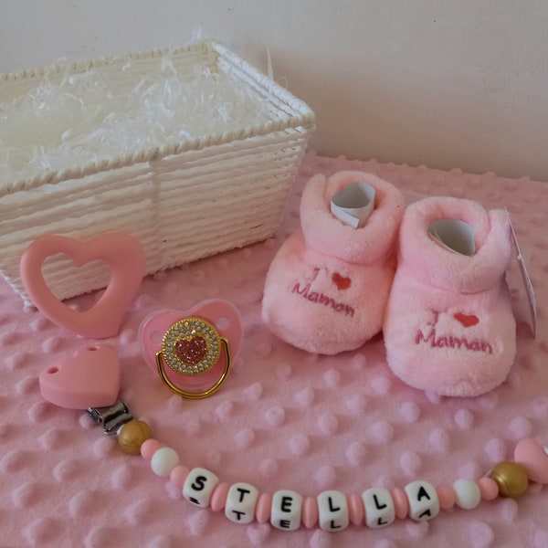 Heart Birth gift basket + Personalized pacifier clip Mom I love you Slippers + Pacifier + Matching ring