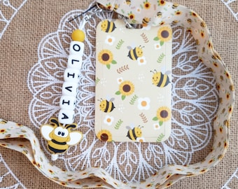 Canteen Card Holder - Personalized Bee Badge with First Name Bus Card, Canteen Card, Badge...