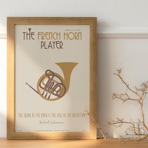 The French Horn Player - Classic Music Poster, music wall art, musicians, mustard, minimalistic, elegant, wall decor, printable, digital