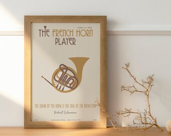 Gracz na rogu francuskim - Klasyczny plakat muzyczny, sztuka ścienna z motywem muzycznym, muzycy, musztarda, minimalistyczny, elegancki, dekoracja ścienna, do druku, cyfrowy