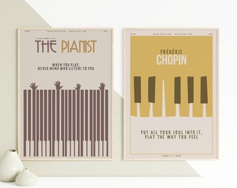 Pianista i Chopin. KOLEKCJA - Dwa plakaty z muzyką klasyczną, sztuka ścienna z muzyką, minimalistyczny, elegancki, dekoracja ścienna, do druku