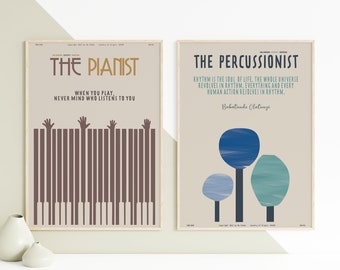 Pianista i perkusista. KOLEKCJA - Dwa plakaty z muzyką klasyczną, sztuka ścienna z muzyką, minimalistyczny, elegancki, dekoracja ścienna, do druku
