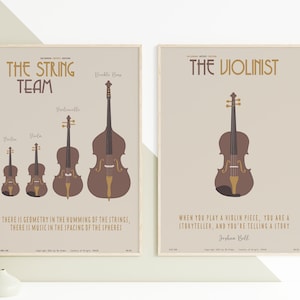 Puede incluir: Dos pósters minimalistas con ilustraciones de instrumentos de cuerda. El primer póster presenta un violín, una viola, un violonchelo y un contrabajo con el texto "The String Team" y la cita "There is geometry in the humming of the strings, there is music in the spacing of the spheres." El segundo póster presenta un violín con el texto "The Violinist" y la cita "When you play a violin piece, you are a storyteller, and you're telling a story." - Joshua Bell.
