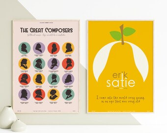 Wielcy kompozytorzy i Erik Satie. KOLEKCJA - Dwa plakaty z muzyką klasyczną, sztuka ścienna z motywem muzycznym, minimalistyczne, eleganckie, dekoracja ścienna, do druku