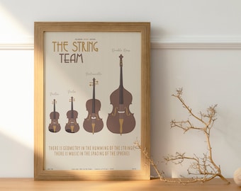 The String Team - Klasyczny plakat muzyczny, muzyka ścienna, muzycy, musztarda, minimalistyczny, elegancki, dekoracja ścienna, do druku, cyfrowy