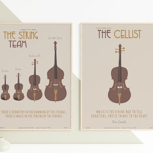 Puede incluir: Dos impresiones artísticas enmarcadas. Una presenta un violín, una viola, un violonchelo y un contrabajo con el texto "The String Team". La otra impresión muestra un violonchelo con el texto "The Cellist". Ambas tienen citas sobre música.