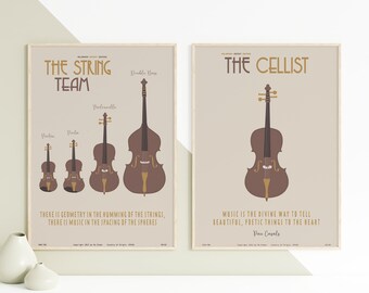 The String Team i The Cellist. KOLEKCJA - Dwa plakaty z muzyką klasyczną, sztuka ścienna z motywem muzycznym, minimalistyczny, elegancki, dekoracja ścienna, do druku