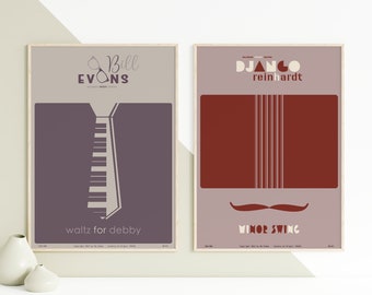 Bill Evans i Django Reinhardt - Kolekcja dwóch plakatów z muzyką jazzową, sztuka ścienna z muzyką, minimalistyczny, elegancki, dekoracja ścienna, do druku, cyfrowy