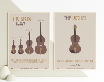 The String Team i The Violist. KOLEKCJA - Dwa plakaty z muzyką klasyczną, sztuka ścienna z motywem muzycznym, minimalistyczne, eleganckie, dekoracja ścienna, do druku
