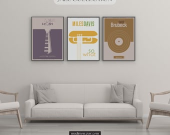 3 plakaty z muzyką jazzową, sztuka ścienna z muzyką, dekoracja, Bill Evans, Miles Davis, Dave Brubeck, elegancki, minimalistyczny, muzycy, wydruk cyfrowy