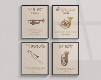 Kolekcja Brass Family - Klasyczny plakat muzyczny, muzyka ścienna, muzycy, musztarda, minimalistyczny, elegancki, dekoracja ścienna, do druku