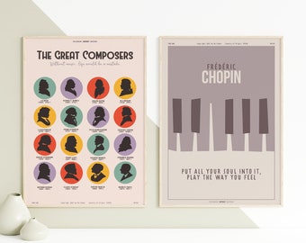 Wielcy kompozytorzy i Chopin. KOLEKCJA - Dwa plakaty z muzyką klasyczną, sztuka ścienna z muzyką, minimalistyczne, eleganckie, dekoracja ścienna, do druku