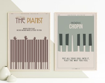 Pianista i Chopin. KOLEKCJA - Dwa plakaty z muzyką klasyczną, sztuka ścienna z muzyką, minimalistyczny, elegancki, dekoracja ścienna, do druku