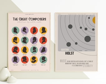 The Great Composers & Holst. COLLECTION - Dwa plakaty z muzyką klasyczną, sztuka ścienna z motywem muzycznym, minimalistyczne, eleganckie, dekoracja ścienna, do druku