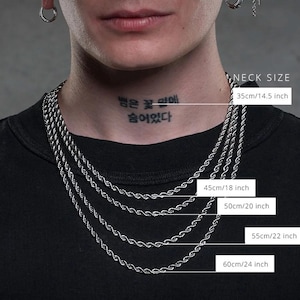 May include: Silver-toned rope chain necklaces in various lengths, from 14.5 inches (35cm) to 24 inches (60cm), displayed on a person. The image includes text indicating neck sizes.