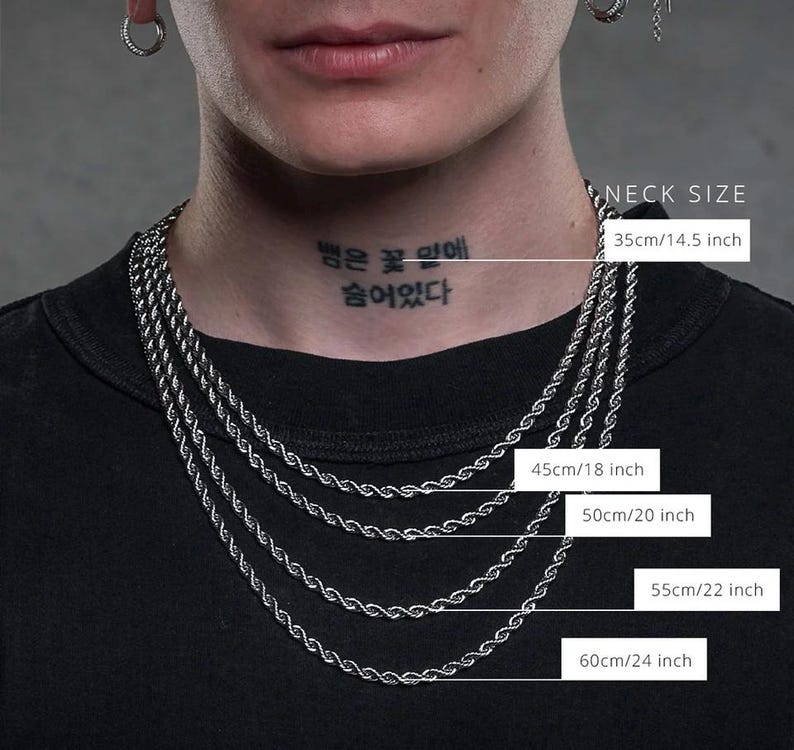 May include: Silver-toned rope chain necklaces in various lengths, from 14.5 inches (35cm) to 24 inches (60cm), displayed on a person. The image includes text indicating neck sizes.