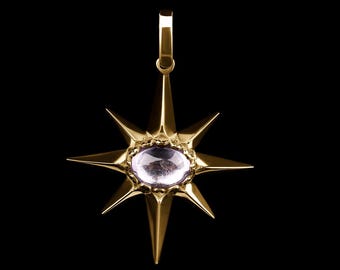 Starburst Astronomy Necklace – Gold Vermeil North Star Pendant with Amethyst Cabochon CZ, Cosmic Jewelry - 1st Anniversary Gift for Her