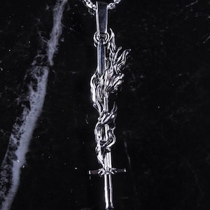 Burning Holy Sword Pendant – Viking Sword Necklace with Flame Design, Warrior Pendant in Silver, Faith Jewelry Gift for Godson or Knight