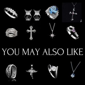 May include: A collection of silver jewelry including rings, earrings, necklaces, and pendants. The jewelry features various designs, including gemstones, crosses, and abstract shapes. The text "YOU MAY ALSO LIKE" is displayed in white.