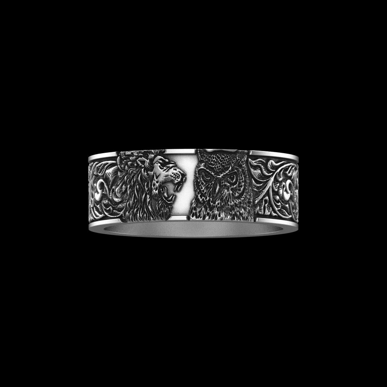 Lion & Owl Ring Blacked – Oxidized Silver Totem Jewelry, Wildlife Statement Ring for Men, 