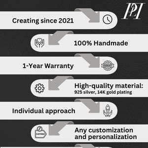 May include: Graphic with the text "WHY BUY FROM US" and a list of reasons: "Creating since 2021," "100% Handmade," "1-Year Warranty," "High-quality material: 925 silver, 14K gold plating," "Individual approach," "Any customization and personalization," and "Gift-ready packaging."