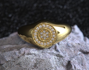 Chunky Gold Ring – Thick Silver Signet with CZ Stones, Vintage Edwardian Style Statement Jewelry, Personalized Men’s Middle Finger Ring