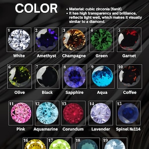 May include: An image showcasing a selection of cubic zirconia gemstones in various colors, including white, amethyst, champagne, green, and pink. The text "CHOOSE GEMS COLOR" is at the top, with a description of the material.