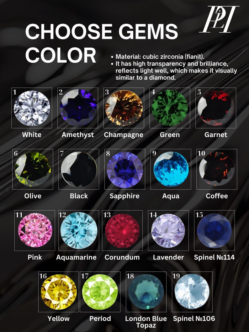 May include: An image showcasing a selection of cubic zirconia gemstones in various colors, including white, amethyst, champagne, green, and pink. The text "CHOOSE GEMS COLOR" is at the top, with a description of the material.