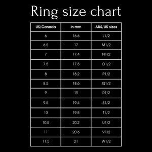 May include: A ring size chart showing US/Canada ring sizes, corresponding millimeters, and Australian/UK ring sizes. The chart includes sizes 6 through 11.5.