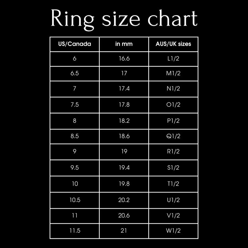 May include: A ring size chart showing US/Canada ring sizes, corresponding millimeters, and Australian/UK ring sizes. The chart includes sizes 6 through 11.5.