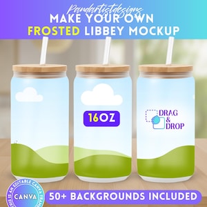 May include: Three frosted glass tumblers with bamboo lids and straws. The tumblers are 16 fluid ounces and have a blue sky and green hills background. The text "DRAG & DROP" is on the rightmost tumbler. The text "16OZ" is on the middle tumbler. The text "50+ BACKGROUNDS INCLUDED" is at the bottom of the image.