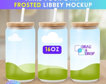 Frosted 16oz Glass Can Mockup, Libbey Glass Can Editable Canva Template, Sipper Glass Mockup, Canva Frame Bundle, Drag & Drop Smart Mockups