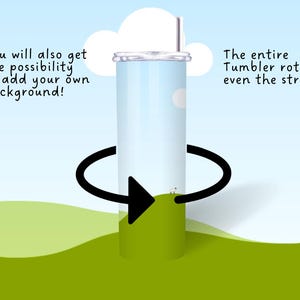 May include: A white tumbler with a blue background and a white cloud. The tumbler is rotating on a green background. The text "The entire Tumbler rotates, even the straw!" is visible in the image.