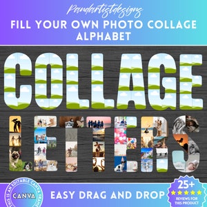 Collage de fotos de Canva con letras y números en CANVA - Paquete de marcos de Canva - Fácil de arrastrar y soltar - Guión gráfico del alfabeto digital - Memorial - Cumpleaños