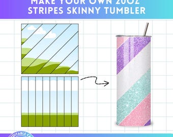 May include: A digital design template for a 20 ounce skinny tumbler with a striped pattern. The design is made up of four different colored stripes with a glitter effect. The template is easy to use and can be customized with different colors and patterns. The text "MAKE YOUR OWN 20OZ STRIPES SKINNY TUMBLER" and "EASY DRAG AND DROP" is included in the image.