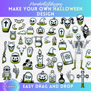 May include: A selection of Halloween-themed digital illustrations in black, white, and green. Features skulls, pumpkins, witch hats, cauldrons, and other spooky elements. Text reads "MAKE YOUR OWN HALLOWEEN DESIGN" and "EASY DRAG AND DROP".