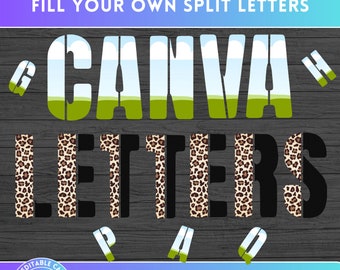 Canva Frames Split Stencil Letters Bundle, Easy Drag and Drop, half letters Alphabet, Sublimation Design, Digital Leopard Print, Font PNG