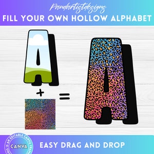 Rellena tus propias letras anchas con Block Shadow, alfabeto de marco de Canva, arrastrar y soltar, plantilla editable, diseño de sublimación, fuente dibujada a mano
