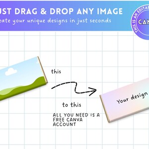 May include: An image demonstrating a design process. The text reads "JUST DRAG & DROP ANY IMAGE" and "Create your unique designs in just seconds." It shows a graphic transforming from one design to another, with the text "Your design."
